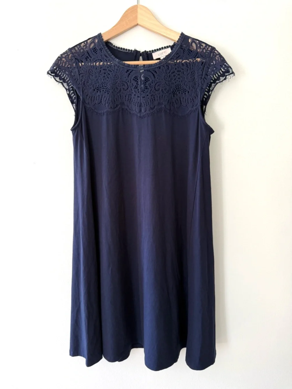 LOFT Navy Blue Lace Yoke Cap Sleeve Mini Swing Dress A-Line Crochet Detail Sz S - Picture 2 of 14